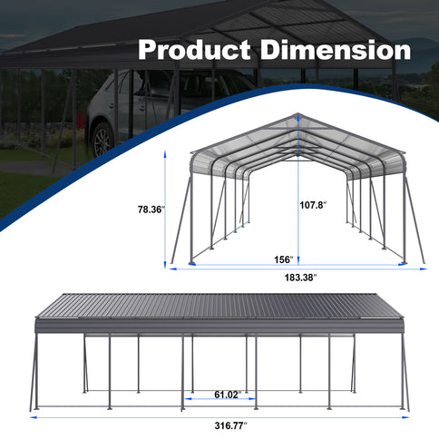 Metal Carport 13 X 26.5 Ft Heavy Duty With Galvanized Steel Roof Metal Garage Canopy With Galvanized Steel Roof & Frame Car Tent Outdoor Storage Shed For Car Boats And Truck - Gray