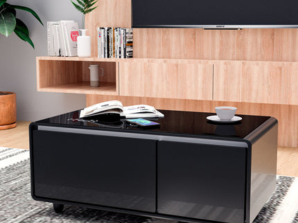Modern Smart Coffee Table With Built-In Fridge - tooth Speaker, Wireless Charging, Touch Control Panel, USB Interface, Outlet Protection, Atmosphere Light