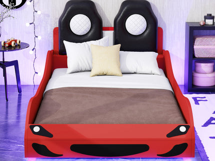Race Car Shaped Platform Bed With LED And Upholstered Backrest In