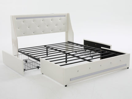 Wingback Upholstered Bed Frame With LED Lights, Charging Station