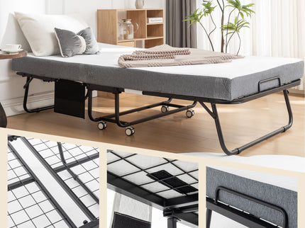 Foldable Metal Frame Bed For Guest With Memory Foam Mattress On Wheels, Saving Space Rollaway Bed
