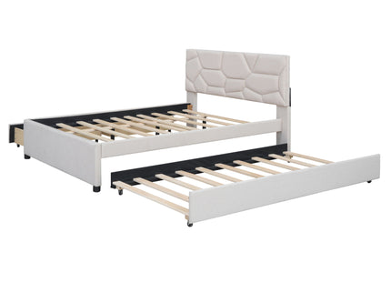 Upholstered Platform Bed With Brick Pattern Headboard And Twin Long Size Trundle
