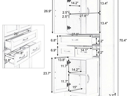 Tall Bathroom Storage Cabinet With 4 Doors 3 Drawers Adjustable Shelves - White