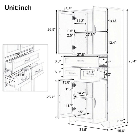 Tall Bathroom Storage Cabinet With 4 Doors 3 Drawers Adjustable Shelves - White