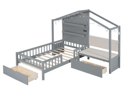 House Bed With Upholstered Sofa, Wireless Charging Station, Shelves And 2 Drawers