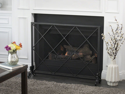 Minimalist Single Panel Iron Fireplace Screen With Diamond Design