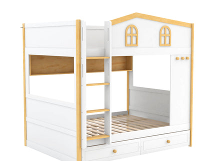 Bunk Bed With House Shaped Guardrails, Storage Shelves, And Trundle