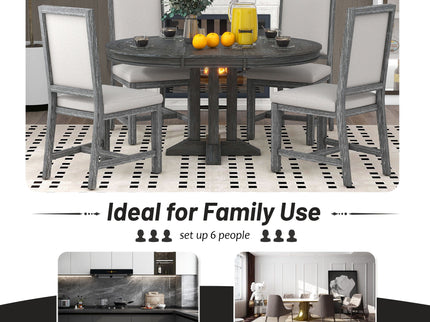 5 Piece Dining Set With Extendable Round Table And Upholstered Chairs