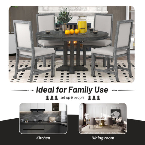 5 Piece Dining Set With Extendable Round Table And Upholstered Chairs