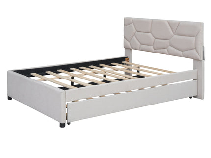 Upholstered Platform Bed With Brick Pattern Headboard And Twin Long Size Trundle