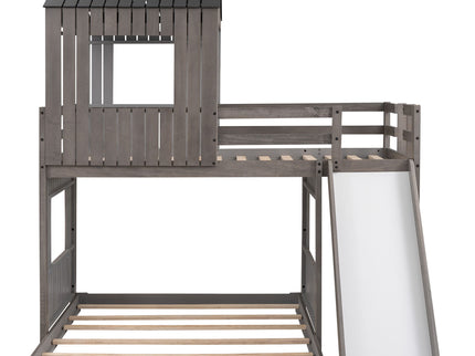 Loft Bunk Bed With Playhouse, Farmhouse, Ladder, Slide And Guardrails