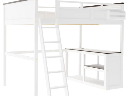 Queen Size Loft Bed With Desk, Open Shelf, Storage Box And USB Charging Station - White