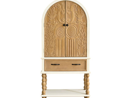 Arched Flower Carved Door Accent Sideboard Cabinet With 1 Drawer And Shelf, Cabinet For Kitchen - Natural / White