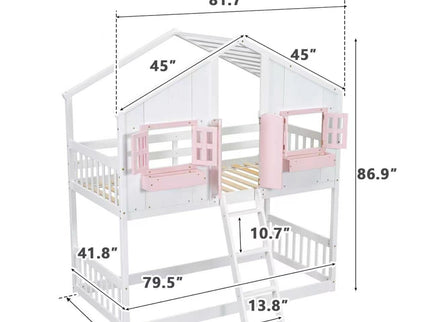 House Bunk Bed With Roof, Window, Window Box, Door, With Safety Guardrails And Ladder