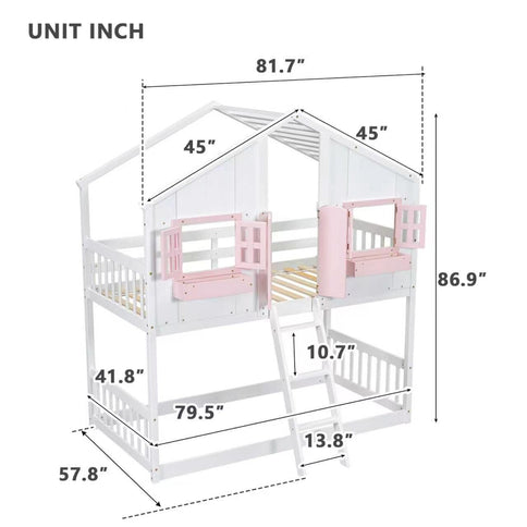 House Bunk Bed With Roof, Window, Window Box, Door, With Safety Guardrails And Ladder