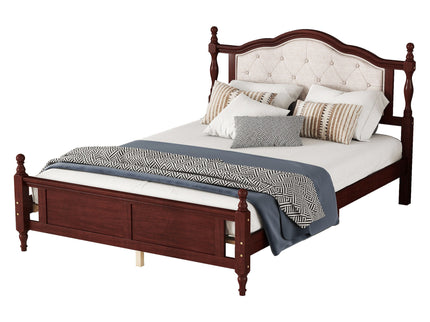 Pine Wooden Bed With Upholstered Headboard And Panel Footboard, With Two Bed Rail Support Feet And Central Platform Support Feet