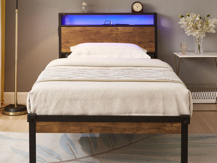 Twin Size Platform Bed Frame, LED Lights With Remote Control, USB Charging Port, Large Under Bed Storage - Black / Brown