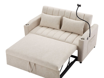 Convertible Sofa Bed Loveseat Sofa With Three USB Ports, Two Side Pockets, Two Cup Holders And 360° swivel Phone Holder For Living Room