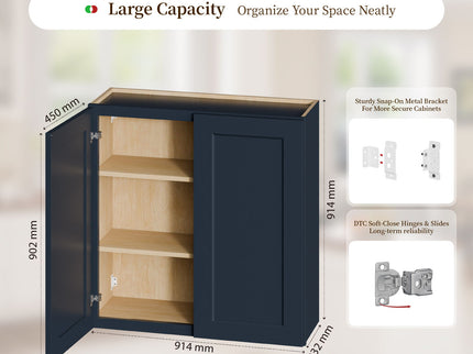 Shaker Wall Cabinet With Soft Close Hinges, Adjustable Shelves, Double Door