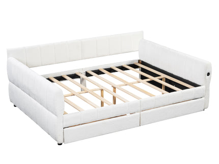 Queen Upholstered Platform Bed With USB Charging And 2 Storage Drawers - White