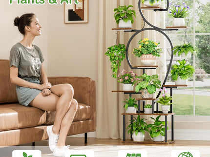 Plant Stand Indoor With Grow Light, 9 Tiered 63" Tall Indoor Plant Shelves For Multiple Plants - Walnut / Black