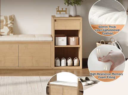 Entryway Storage Bench With Cushion, Drawers & Open Shelves