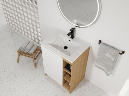 Freestanding Bathroom Vanity With Thin Rim Sink, Single Door With 4 Tier Open Shelves - Light Oak / White