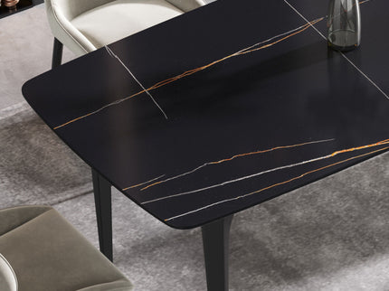 63" Artificial Stone Black Curved Black Metal Leg Dining Table, 6 People - Black