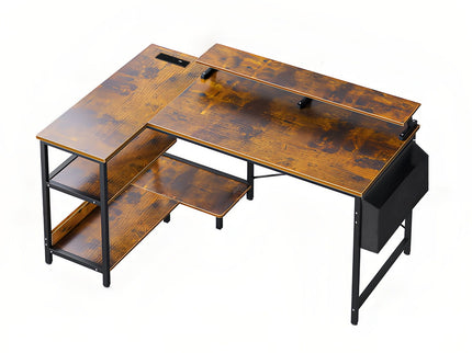 L-Shaped Gaming Desk With Power Outlets, Monitor Stand & Storage Shelves, Reversible Corner Workstation - Black / Brown