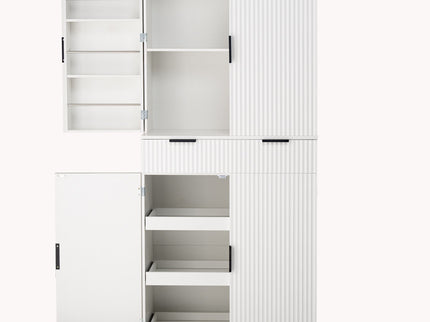 Fluted Kitchen Pantry Cabinet With 3 Keyboard Drawers & 6 Adjustable Door Shelves