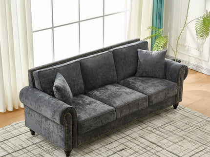 3 Seater Sofa With Tufted Upholstery, Rolled Arms, Nailhead Trim