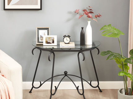 Tempered Glass Surface Console Table Coffee Table With Sturdy Construction For Living Room (Rustic) - Black
