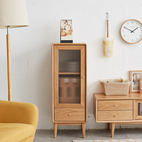 Free-Standing Corner Storage Cabinet With Vintage Glass Door, 2 Shelves, 1 Drawers & Brass Handle For Living Room - Natural