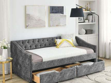 Upholstered Tufted Daybed With 2 Drawers, Waved Arms