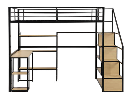 Full Size Loft Bed With Staircase, Built In Desk And Shelves And Sleeping Surface - Black