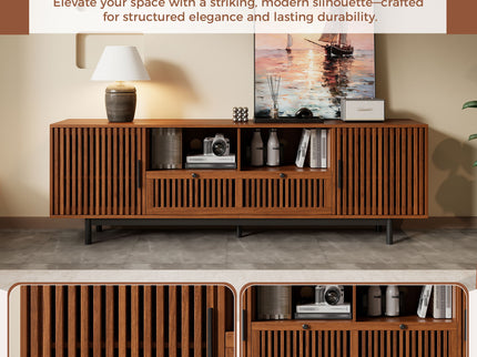 TV Stand, Entertainment Center With Slatted Doors, Cable Management, Soft Closing Hinges - Walnut