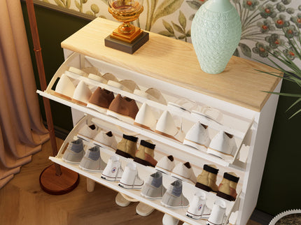Narrow - Entryway Shoe Storage Cabinet With 2 Flip Drawers Legs - Natural / White