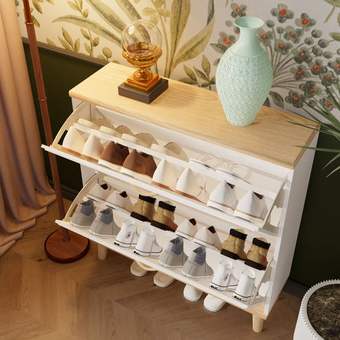 Narrow - Entryway Shoe Storage Cabinet With 2 Flip Drawers Legs - Natural / White