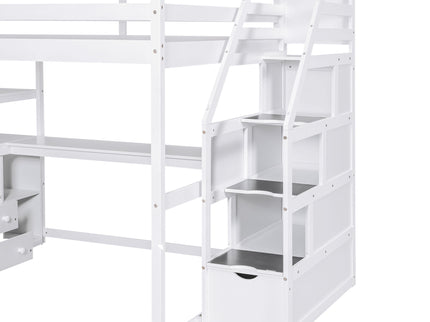 Loft Bed With Desk, Shelves, 2 Drawers, Storage Staircase