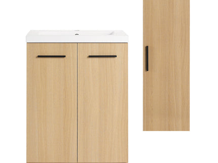 Freestanding Bathroom Vanity Set With Tall Linen Cabinet, Single Sink, Extra Storage, Soft Close Doors - Glossy White / Light Oak