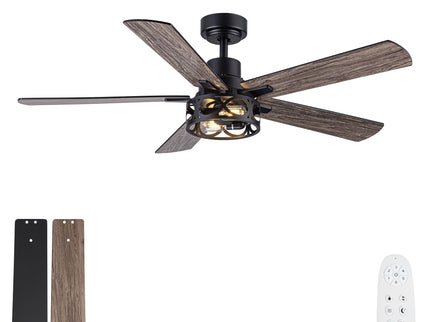 Ceiling Fan With Light, Dual‑Sided Matte Black & Wood Grain Blades - Black