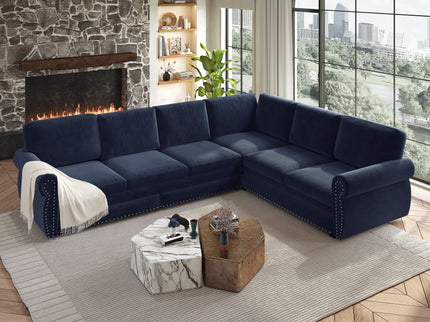 L-Shaped Sofa Couch With Pull Out Bed With Nailhead Trim & Rolled Arm