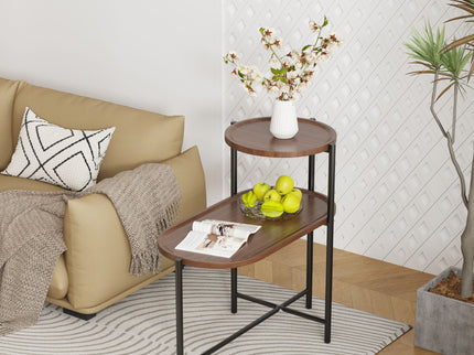 Round Coffee Table With Storage Tray 2 Tier Oval End Tables Wooden Small Side Table For Living Room
