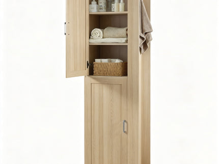 Tall Freestanding Bathroom Storage Cabinet With Adjustable Shelves And Side Hooks