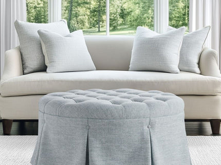 Skirted Tufted Round Ottoman With Button Top - Gray