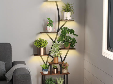 Plant Stand Indoor With Grow Light, 8 Tiered Tall Indoor Plant Shelves For Multiple Plants - Walnut / Black