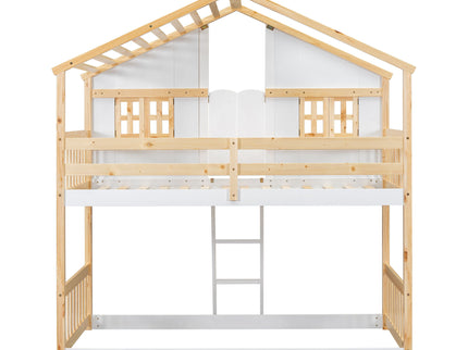 House Bunk Bed With Roof, Window, Window Box, Door, With Safety Guardrails And Ladder