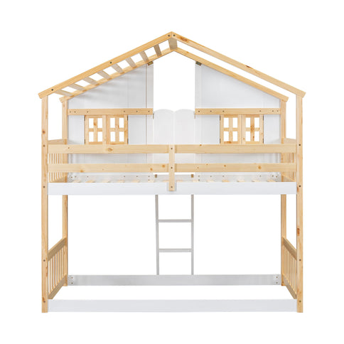 House Bunk Bed With Roof, Window, Window Box, Door, With Safety Guardrails And Ladder