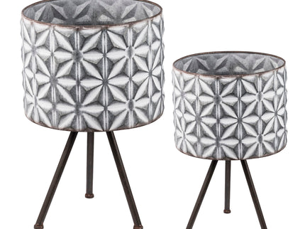 Metal Planter Stand, Round Galvanized Farmhouse Planter (Set of 2) - Gray