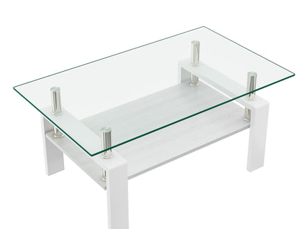 Modern Rectangular Coffee Table With Tempered Transparent Glass Top And Storage Shelf